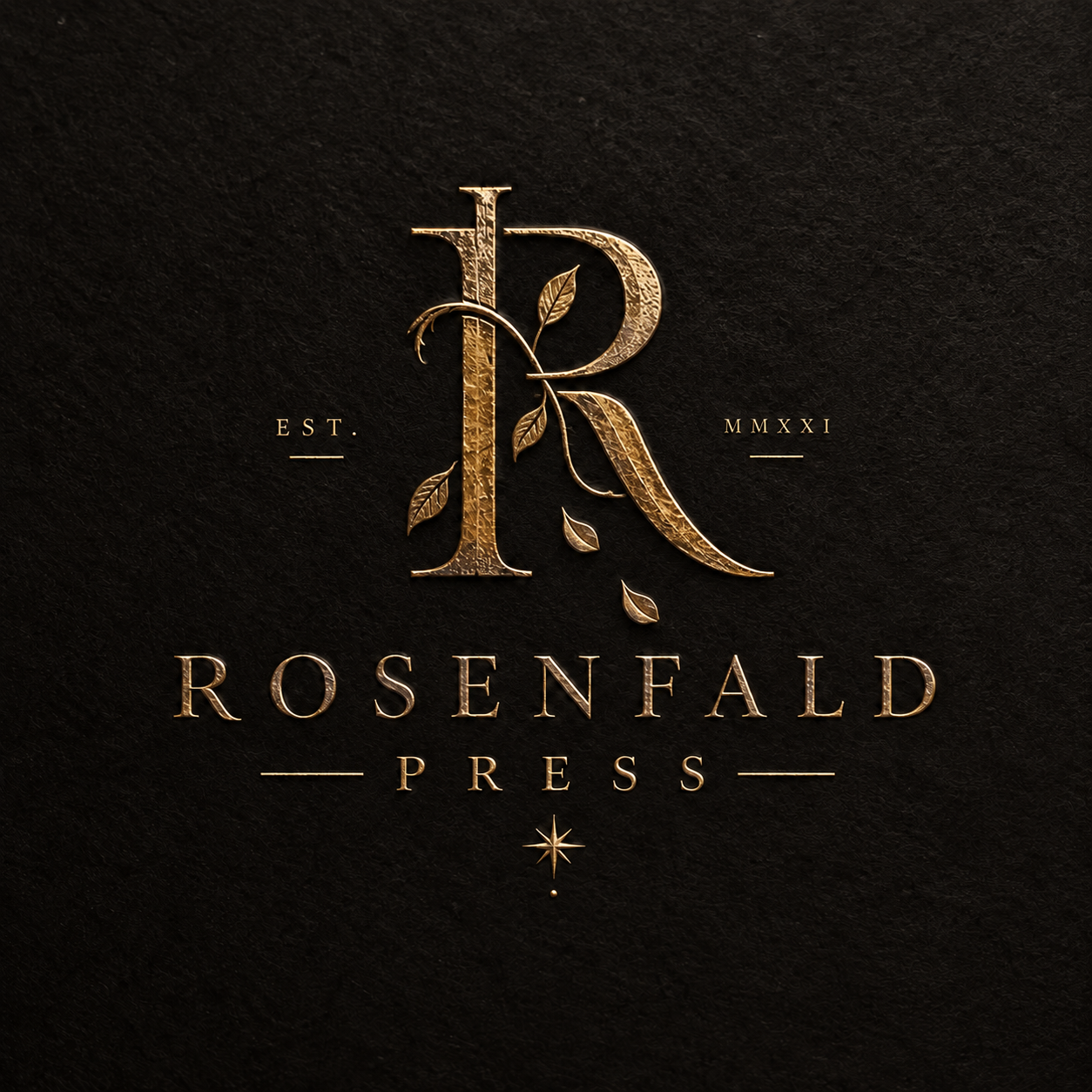Rosenfald Press botanical R monogram in antique gold on black paper